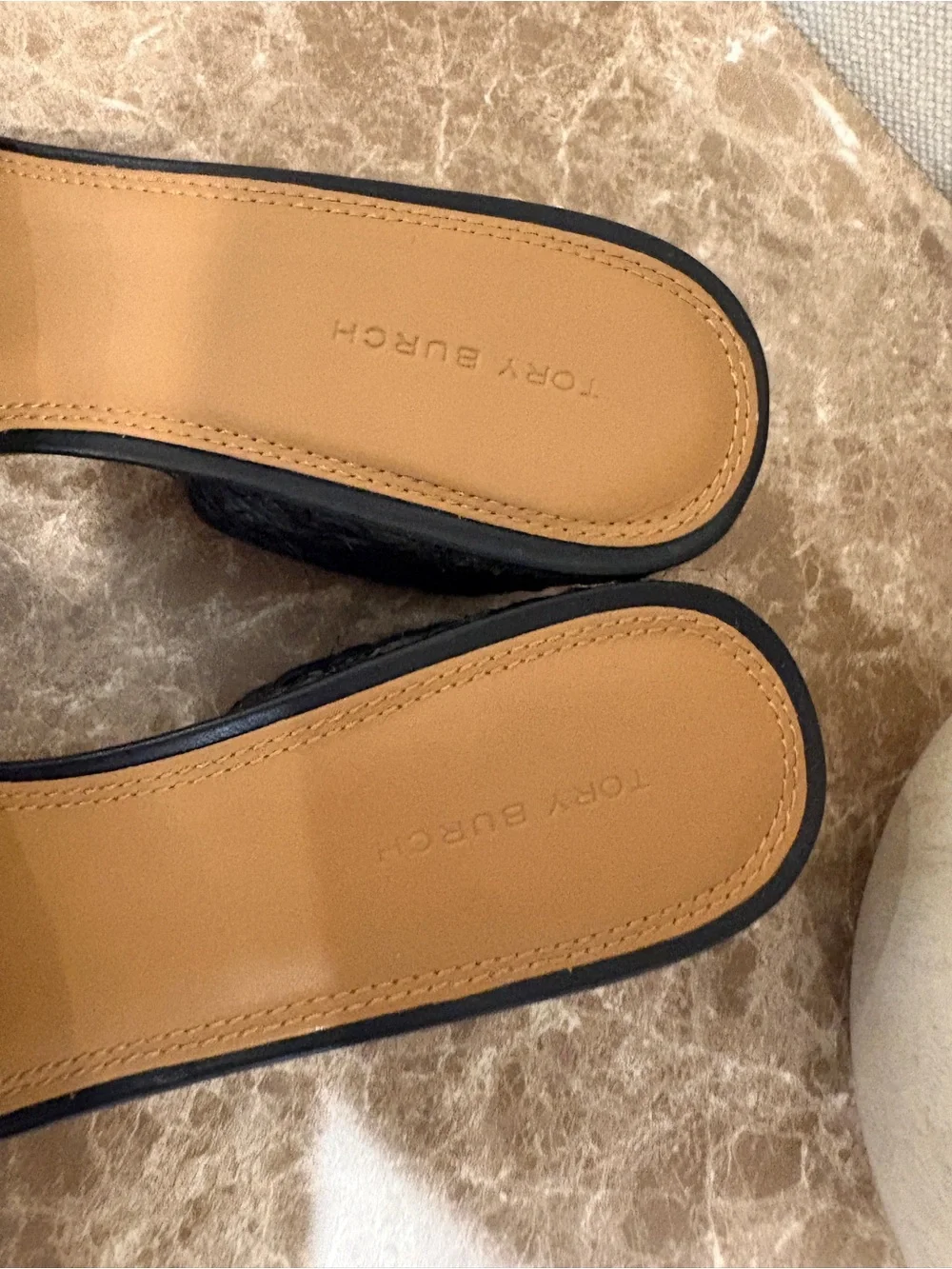 Tory Burch Black Raffia Slide Mules with Gold Logo